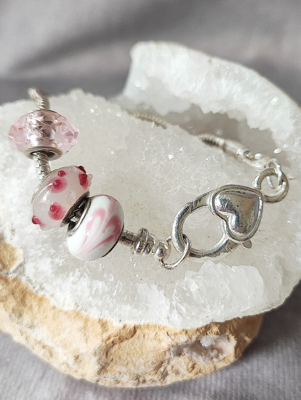 Lampwork Faceted Pink & White Troll Beads Bracelet Puffed Heart Clasp Sterling?
